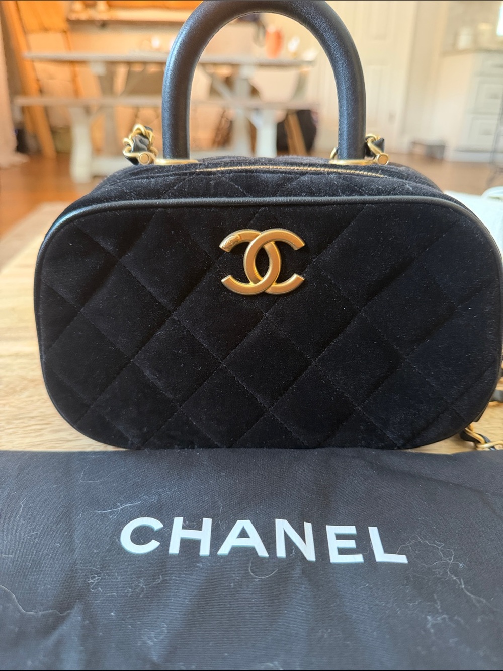 CHANEL Black Quilted Velvet Mini Vanity Bag with Gold CC
